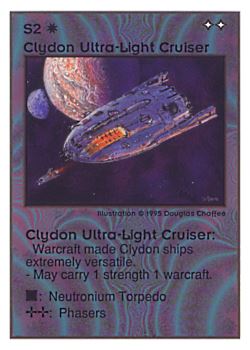 Need: 0    Want: 0    Have: 141 (+22)    Will Trade: 137    In Storage: 25              S2 ‑ Clydon Ultra‑Light Cruiser  Set: UE  Rarity: U3    Artist: Douglas Chaffee    