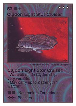 Need: 0    Want: 0    Have: 97 (+23)    Will Trade: 93    In Storage: 18              S3 ‑ Clydon Light Star Cruiser  Set: UE  Rarity: R3    Artist: Douglas Chaffee    