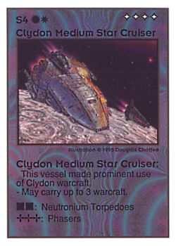 Need: 0    Want: 0    Have: 44 (+13)    Will Trade: 40    In Storage: 2              S4 ‑ Clydon Medium Star Cruiser  Set: UE  Rarity: V3    Artist: Douglas Chaffee    