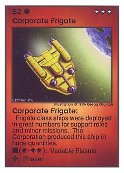 Need: 0    Want: 0    Have: 152 (+22)    Will Trade: 148    In Storage: 54              S2 ‑ Corporate Frigate  Set: UE  Rarity: U4    Artist: Gregg Glymph    