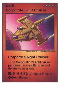 Need: 0    Want: 0    Have: 99 (+31)    Will Trade: 95    In Storage: 32              S4 ‑ Corporate Light Cruiser  Set: UE  Rarity: R4    Artist: Gregg Glymph    