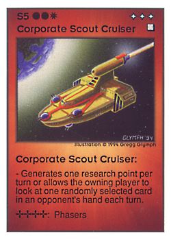 Need: 0    Want: 0    Have: 97 (+40)    Will Trade: 93    In Storage: 30              S5 ‑ Corporate Scout Cruiser  Set: UE  Rarity: R4    Artist: Gregg Glymph    