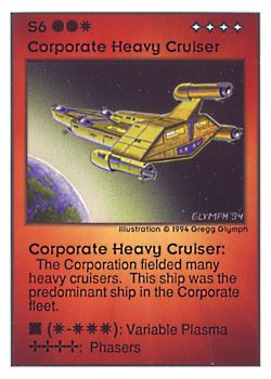 Need: 0    Want: 0    Have: 42 (+44)    Will Trade: 39    In Storage: 7              S6 ‑ Corporate Heavy Cruiser  Set: UE  Rarity: V4    Artist: Gregg Glymph    
