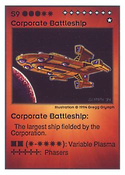 Need: 0    Want: 0    Have: 39 (+4)    Will Trade: 37    In Storage: 35              S9 ‑ Corporate Battleship  Set: UE  Rarity: V1    Artist: Gregg Glymph    