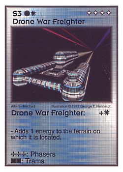 Need: 3    Want: 8    Have: 2    Will Trade: 0    In Storage: 0              S3 ‑ Drone War Freighter  Set: AF  Rarity: V2    Artist: George T. Henne Jr.    