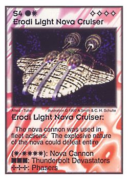 Need: 0    Want: 8    Have: 5    Will Trade: 0    In Storage: 0              S4 ‑ Erodi Light Nova Cruiser  Set: AF  Rarity: V2    Artist: Andrew Smith & C. Henry Schulte    