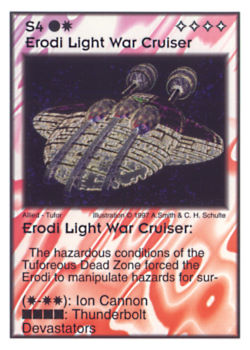 Need: 0    Want: 8    Have: 5    Will Trade: 0    In Storage: 0              S4 ‑ Erodi Light War Cruiser  Set: AF  Rarity: V2    Artist: Andrew Smith & C. Henry Schulte    