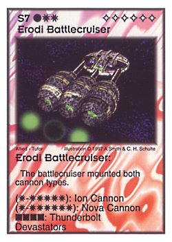 Need: 1    Want: 9    Have: 3    Will Trade: 0    In Storage: 0              S7 ‑ Erodi Battlecruiser  Set: AF  Rarity: V2    Artist: Andrew Smith & C. Henry Schulte    