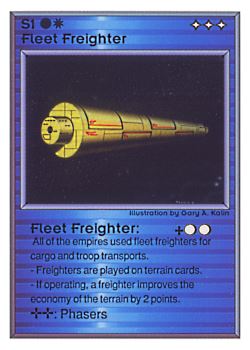 Need: 0    Want: 0    Have: 282 (+49)    Will Trade: 278    In Storage: 50              S1 ‑ Fleet Freighter (Left)  Set: UE  Rarity: C1    Artist: Gary A. Kalin    