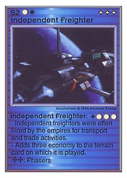 Need: 0    Want: 0    Have: 226 (+65)    Will Trade: 222    In Storage: 40              S2 ‑ Independent Freighter  Set: UE  Rarity: U1    Artist: Michael Trapp    