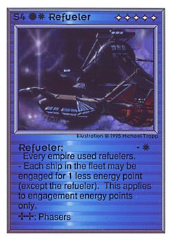 Need: 0    Want: 0    Have: 109 (+7)    Will Trade: 105    In Storage: 50              S4 ‑ Refueler  Set: UE  Rarity: R1    Artist: Michael Trapp    