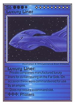 Need: 0    Want: 0    Have: 25 (+23)    Will Trade: 22    In Storage: 17              S6 ‑ Luxury Liner  Set: UE  Rarity: V1    Artist: Lawrence Allen Williams    