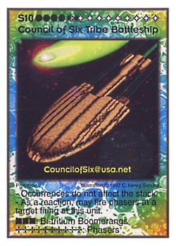 Need: 0    Want: 11    Have: 2    Will Trade: 0    In Storage: 0              S10 ‑ Council of Six Tribe Battleship  Set: Pro6  Rarity: Pro6    Artist: C. Henry Schulte    