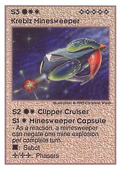 Need: 0    Want: 0    Have: 75    Will Trade: 67    In Storage: 10              S3 ‑ Krebiz Minesweeper (Clipper Frigate / Minesweeper Capsule)  Set: UE  Rarity: R4    Artist: Christina Wald    