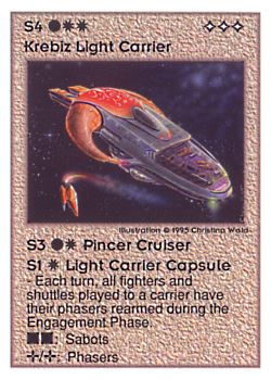 Need: 0    Want: 0    Have: 140    Will Trade: 132    In Storage: 42              S4 ‑ Krebiz Light Carrier (Pincer Destroyer / Light Carrier Capsule)  Set: UE  Rarity: U4    Artist: Christina Wald    