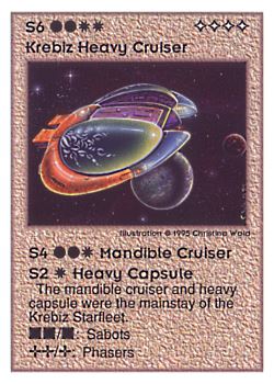 Need: 0    Want: 0    Have: 39    Will Trade: 33    In Storage: 4              S6 ‑ Krebiz Heavy Cruiser (Mandible Light Cruiser / Heavy Capsule)  Set: UE  Rarity: V4    Artist: Christina Wald    