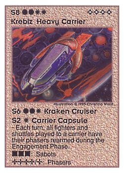 Need: 0    Want: 0    Have: 36    Will Trade: 32    In Storage: 2              S8 ‑ Krebiz Heavy Carrier (Kraken Dreadnought / Carrier Capsule)  Set: UE  Rarity: V4    Artist: Christina Wald    