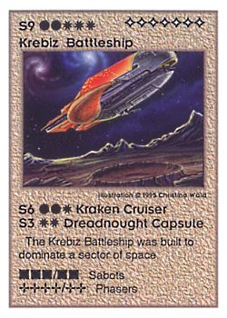 Need: 0    Want: 0    Have: 29    Will Trade: 25    In Storage: 24              S9 ‑ Krebiz Battleship (Kraken Dreadnought / Dreadnought Capsule)  Set: UE  Rarity: V1    Artist: Christina Wald    