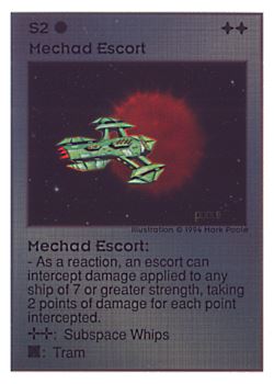 Need: 0    Want: 0    Have: 91 (+32)    Will Trade: 87    In Storage: 18              S2 ‑ Mechad Escort  Set: UE  Rarity: R4    Artist: Mark Poole    