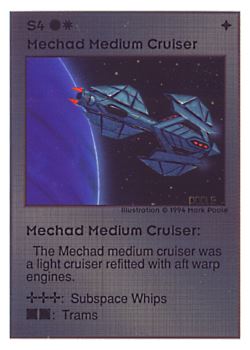 Need: 0    Want: 0    Have: 99 (+37)    Will Trade: 95    In Storage: 26              S4 ‑ Mechad Medium Cruiser  Set: UE  Rarity: R4    Artist: Mark Poole    