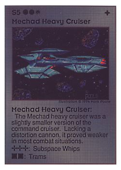 Need: 0    Want: 0    Have: 101 (+34)    Will Trade: 97    In Storage: 26              S5 ‑ Mechad Heavy Cruiser  Set: UE  Rarity: R4    Artist: Mark Poole    