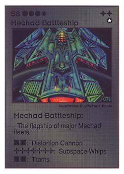 Need: 0    Want: 0    Have: 39 (+5)    Will Trade: 37    In Storage: 34              S8 ‑ Mechad Battleship  Set: UE  Rarity: V1    Artist: Mark Poole    