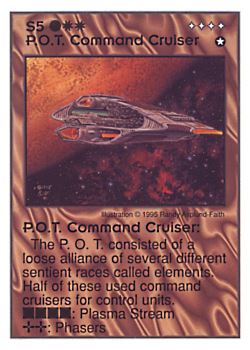 Need: 0    Want: 1    Have: 12 (+10)    Will Trade: 0    In Storage: 2              S5 ‑ P.O.T. Command Cruiser  Set: AT  Rarity: R1    Artist: Randy Asplund‑Faith    