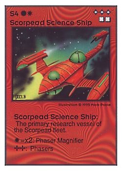 Need: 0    Want: 0    Have: 127 (+42)    Will Trade: 123    In Storage: 48              S4 ‑ Scorpead Science Ship  Set: UE  Rarity: U3    Artist: Mark Poole    
