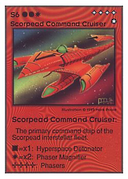 Need: 0    Want: 0    Have: 45 (+9)    Will Trade: 42    In Storage: 15              S6 ‑ Scorpead Command Cruiser  Set: UE  Rarity: V3    Artist: Mark Poole    