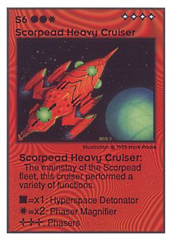 Need: 0    Want: 0    Have: 42 (+12)    Will Trade: 39    In Storage: 13              S6 ‑ Scorpead Heavy Cruiser  Set: UE  Rarity: V3    Artist: Mark Poole    