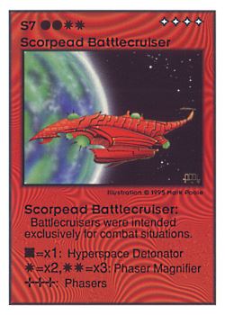 Need: 0    Want: 0    Have: 36 (+11)    Will Trade: 33    In Storage: 7              S7 ‑ Scorpead Battlecruiser  Set: UE  Rarity: V3    Artist: Mark Poole    