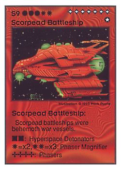 Need: 0    Want: 0    Have: 32 (+5)    Will Trade: 30    In Storage: 29              S9 ‑ Scorpead Battleship  Set: UE  Rarity: V1    Artist: Mark Poole    