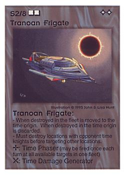 Need: 0    Want: 0    Have: 39    Will Trade: 31    In Storage: 25              S2/8 ‑ Tranoan Frigate  Set: TG  Rarity: V1    Artist: John Hunt & Lisa Hunt    
