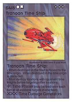 Need: 0    Want: 0    Have: 53    Will Trade: 45    In Storage: 39              S4/6 ‑ Tranoan Time Ship  Set: TG  Rarity: V1    Artist: John Hunt & Lisa Hunt    