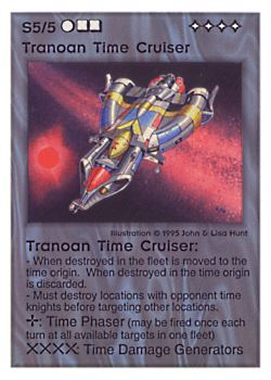 Need: 0    Want: 0    Have: 45    Will Trade: 37    In Storage: 31              S5/5 ‑ Tranoan Time Cruiser  Set: TG  Rarity: V1    Artist: John Hunt & Lisa Hunt    