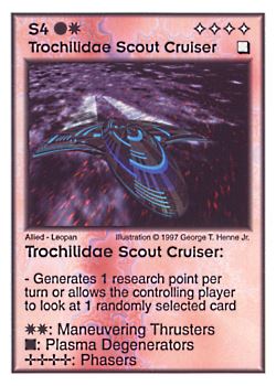 Need: 0    Want: 1    Have: 12    Will Trade: 0    In Storage: 0              S4 ‑ Trochilidae Scout Cruiser  Set: AF  Rarity: R2    Artist: George T. Henne Jr.    