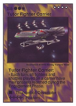 Need: 0    Want: 0    Have: 33 (+11)    Will Trade: 30    In Storage: 4              S6 ‑ Tufor Fighter Carrier  Set: UE  Rarity: V3    Artist: Randy 'Tarkas' Hoar    