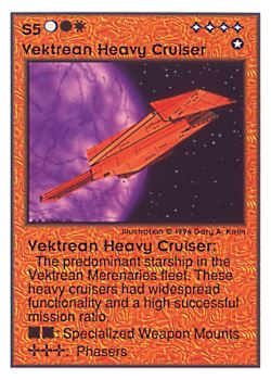 Need: 0    Want: 0    Have: 127 (+106)    Will Trade: 123    In Storage: 47              S5 ‑ Vektrean Heavy Cruiser  Set: UE  Rarity: U3    Artist: Gary A. Kalin    