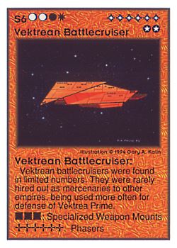 Need: 0    Want: 0    Have: 28 (+5)    Will Trade: 25    In Storage: 0              S6 ‑ Vektrean Battlecruiser  Set: UE  Rarity: V3    Artist: Gary A. Kalin    