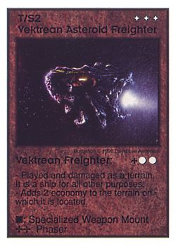 Need: 3    Want: 8    Have: 2    Will Trade: 0    In Storage: 0              T/S2 ‑ Vektrean Asteroid Freighter ‑ Vektrean Freighter  Set: GI  Rarity: U1    Artist: David Lee Anderson    