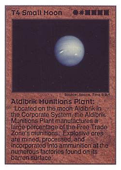Need: 0    Want: 0    Have: 42 (+23)    Will Trade: 38    In Storage: 13              T4 ‑ Small Moon ‑ Aldibrik Munitions Plant  Set: UE  Rarity: R2    Artist: Space, Time & Art    