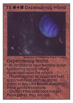 Need: 0    Want: 0    Have: 44 (+8)    Will Trade: 40    In Storage: 10              T5 ‑ Dependency World  Set: UE  Rarity: R2    Artist: Ne'Ne Tina A. Thomas    