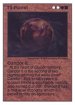 Need: 0    Want: 0    Have: 96 (+126)    Will Trade: 92    In Storage: 37              T5 ‑ Planet ‑ Candor II  Set: UE  Rarity: U2    Artist: Josepha Haveman    