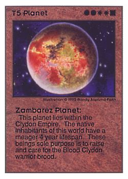 Need: 0    Want: 0    Have: 85 (+24)    Will Trade: 81    In Storage: 32              T5 ‑ Planet ‑ Zambarez Planet  Set: UE  Rarity: U2    Artist: Randy Asplund‑Faith    