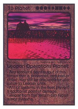 Need: 1    Want: 6    Have: 6    Will Trade: 0    In Storage: 1              T8 ‑ Planet ‑ Leopan Operations Planet  Set: Per  Rarity: V1    Artist: C. Henry Schulte    