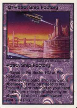 Need: 1    Want: 12    Have: 0    Will Trade: 0    In Storage: 0              Q1 ‑ Patrol Ship Factory  Set: Pro0  Rarity: Pro0    Artist: Lissanne Lake    